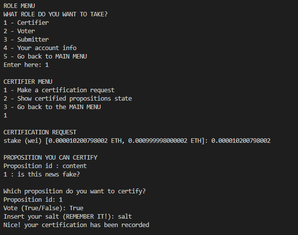 Certifier console screenshot for the deployed blockchain oracle