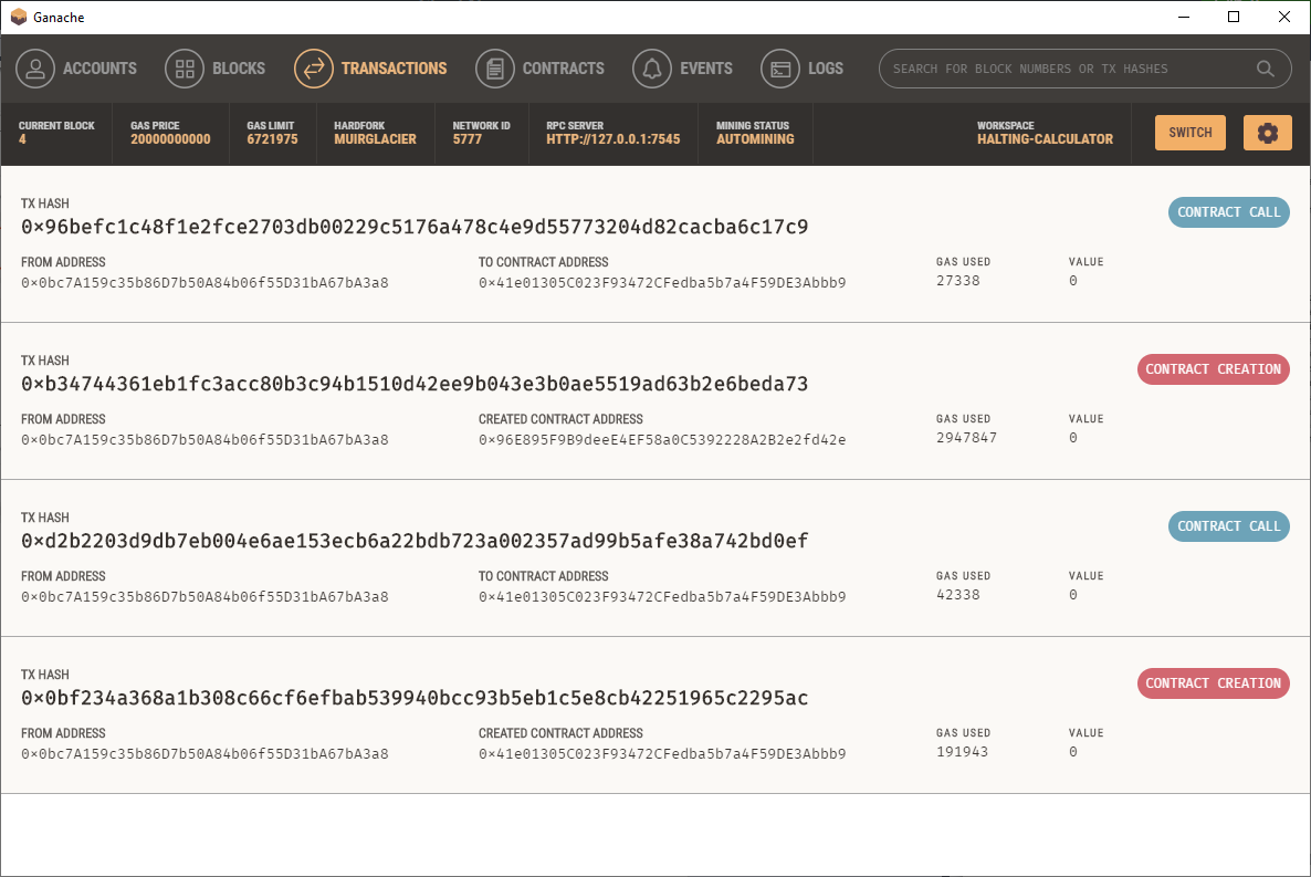 Ganache deployment screenshot for the blockchain oracle