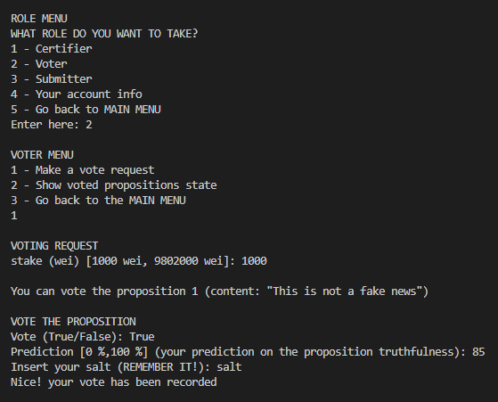 Voter console screenshot showing a true vote outcome