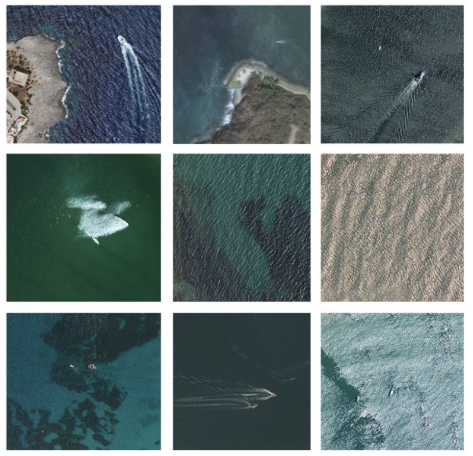 Samples from the MASATI dataset showing single-boat, sea, and multiple-boat images